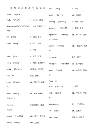 新版2015仁爱版八年级下英语单词背诵默写打印表带音标