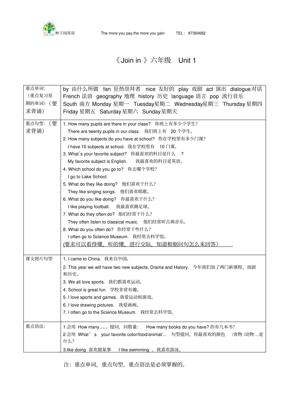 新版joinin六年级上册重点单词及句型整理_第2页