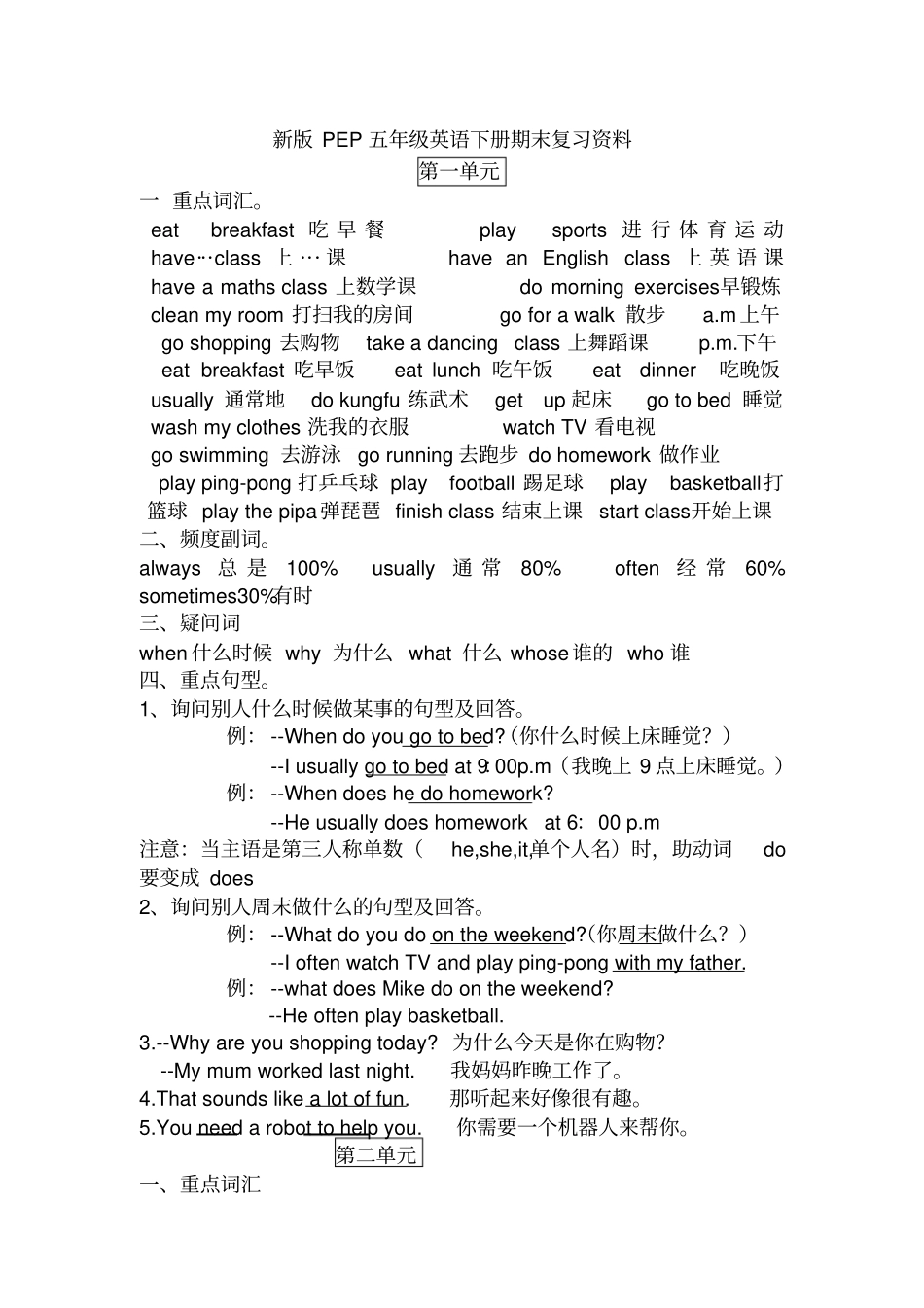 新版PEP五年级英语下册期末复习资料_第1页