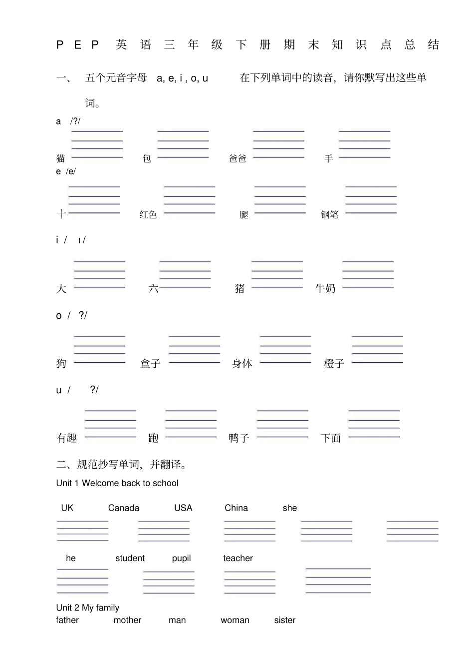 新版PEP小学英语三年级下册期末知识点总结_第1页