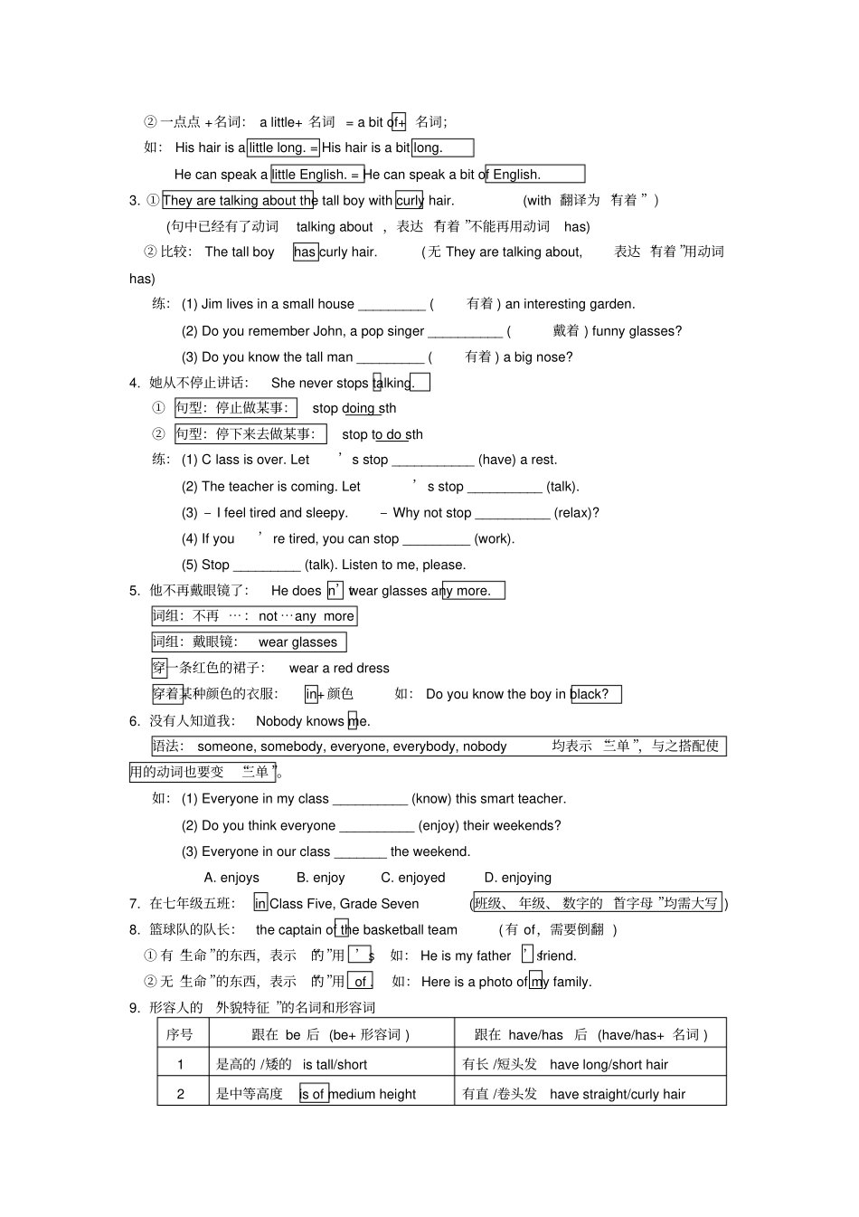 新版七年级英语下册unit9Whatdoeshelooklike知识点讲解与练习_第2页