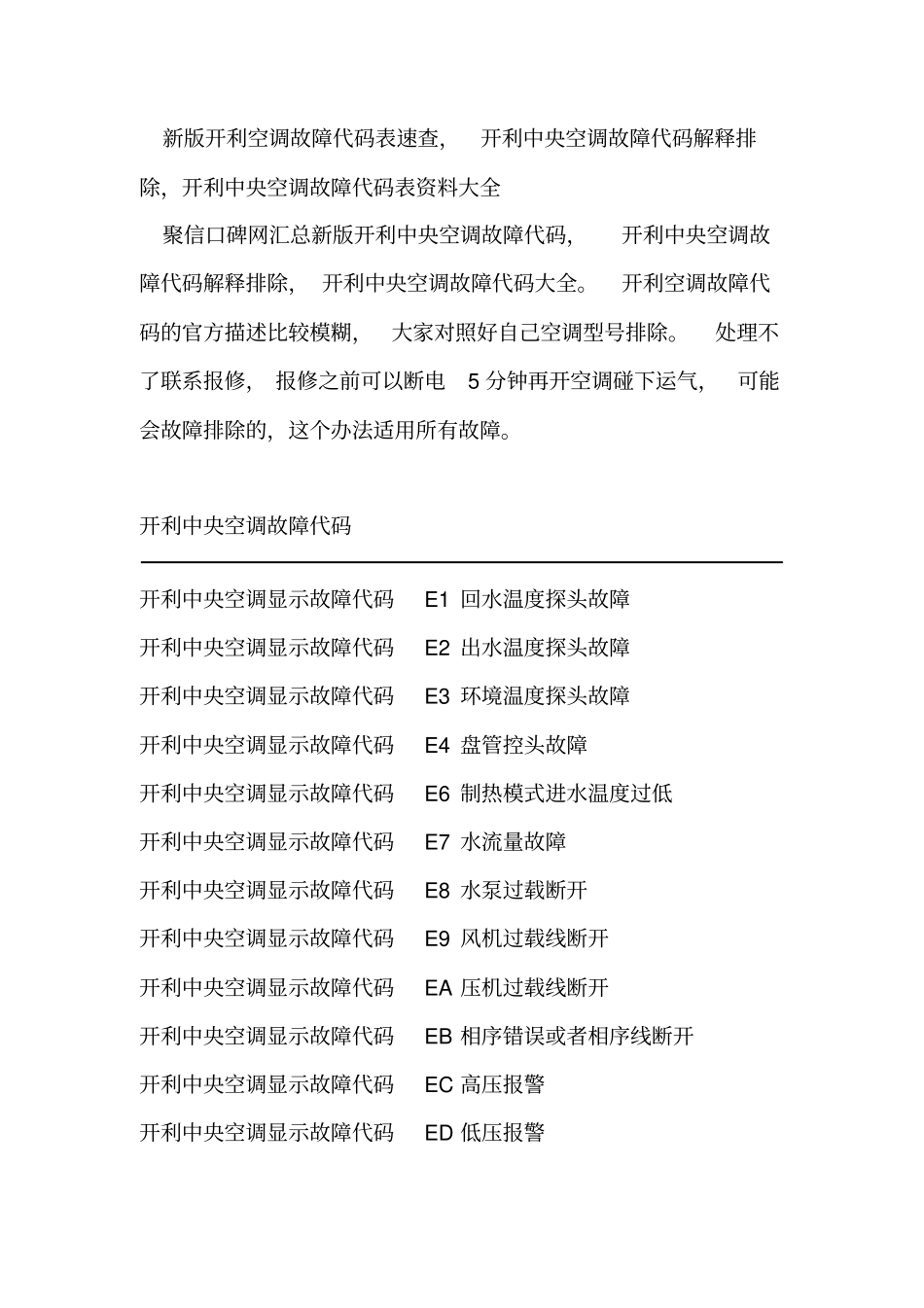 新版开利空调故障代码表速查_开利中央空调故障代码解释排除_开利中央空调故障代码表资料大全_第1页