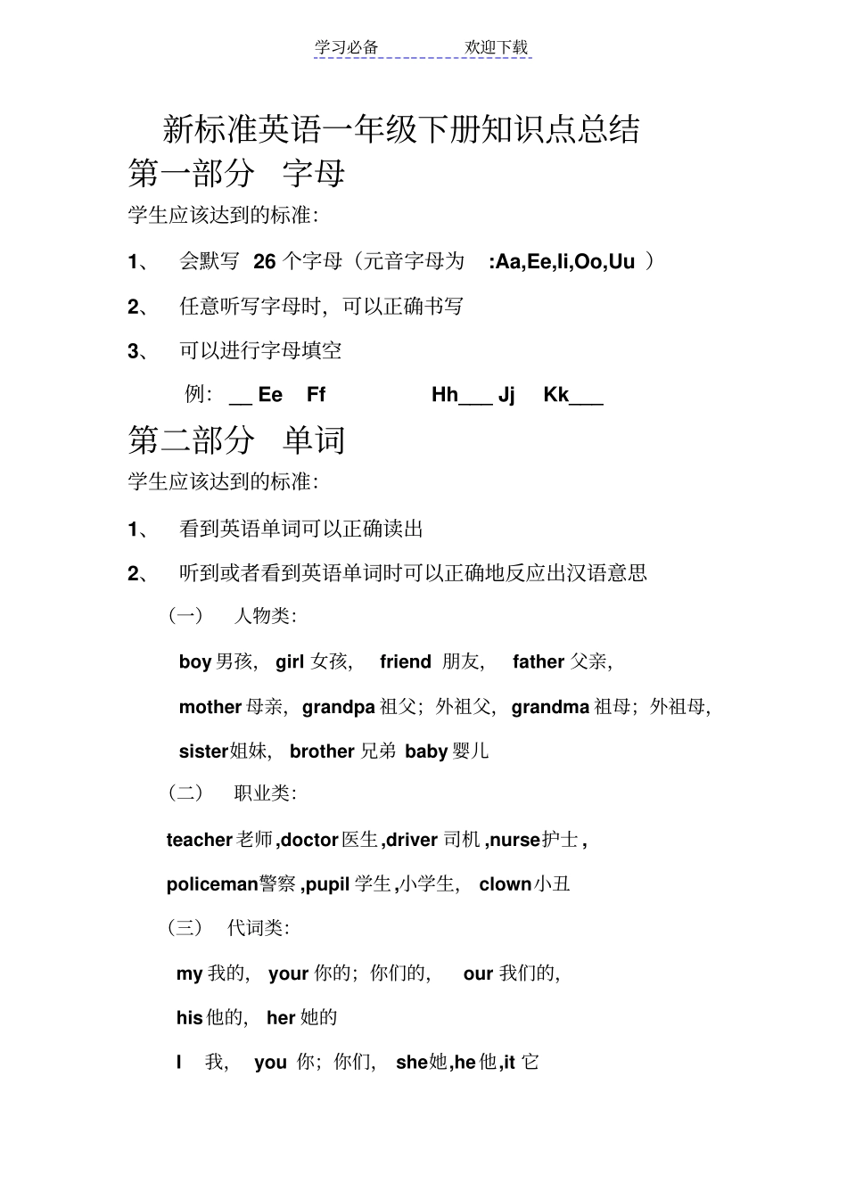 新版新标准英语知识点总结一年级下册_第1页
