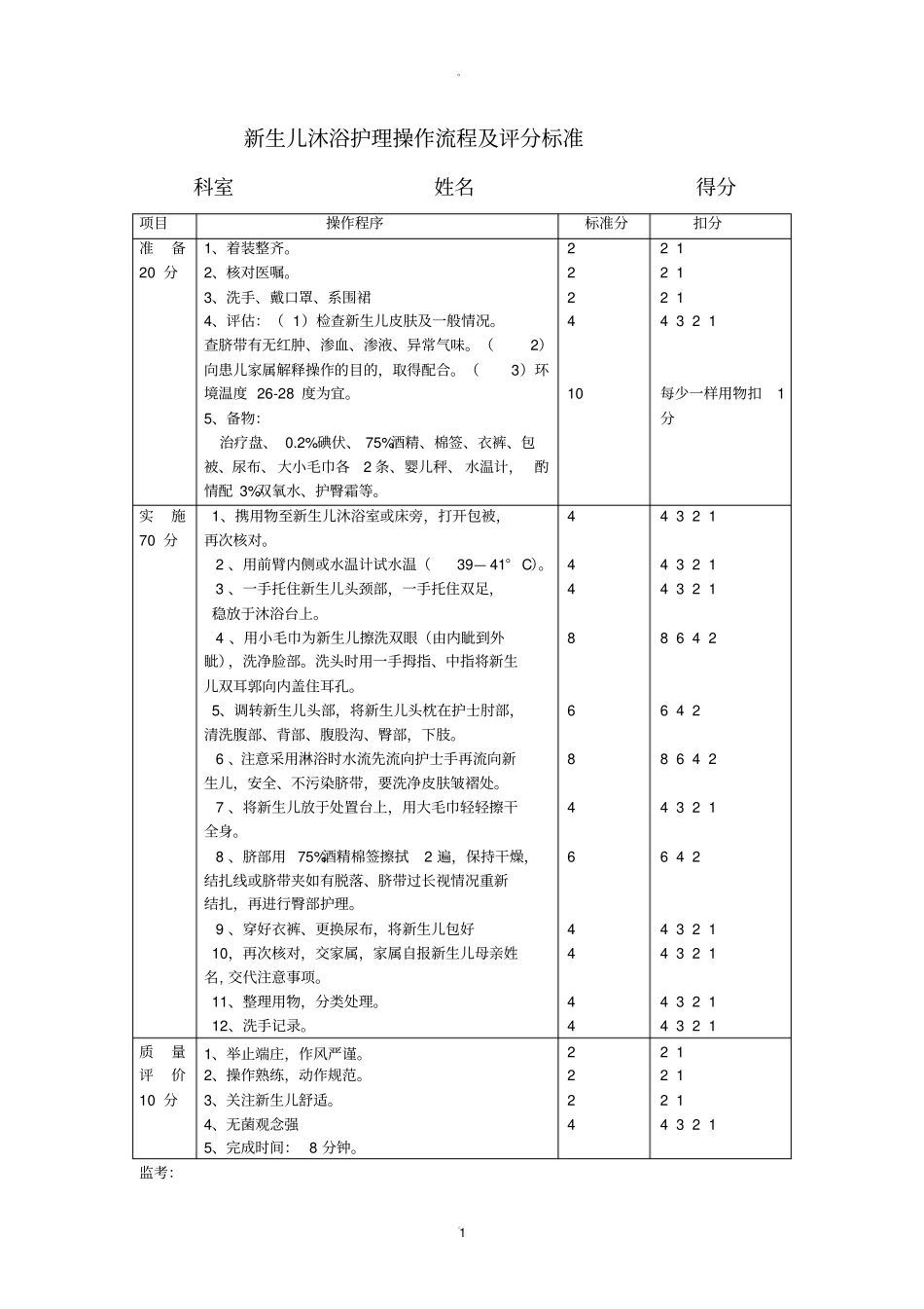 新生儿沐浴护理操作流程及评分标准_第1页