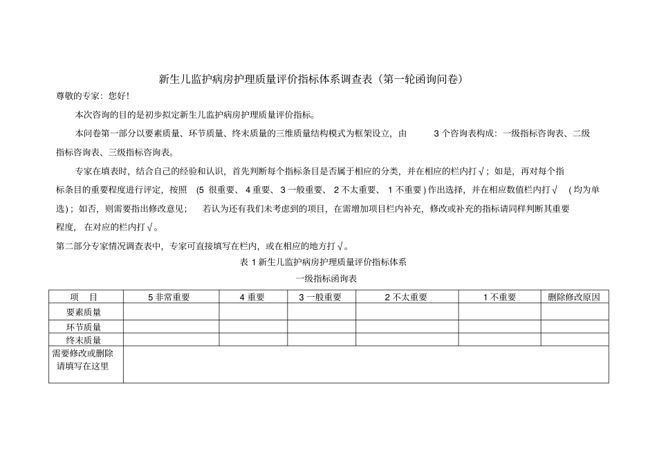 新生儿监护病房护理质量评价指标体系调查表_第1页