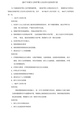 新生儿科护理人员业务分层培训计划
