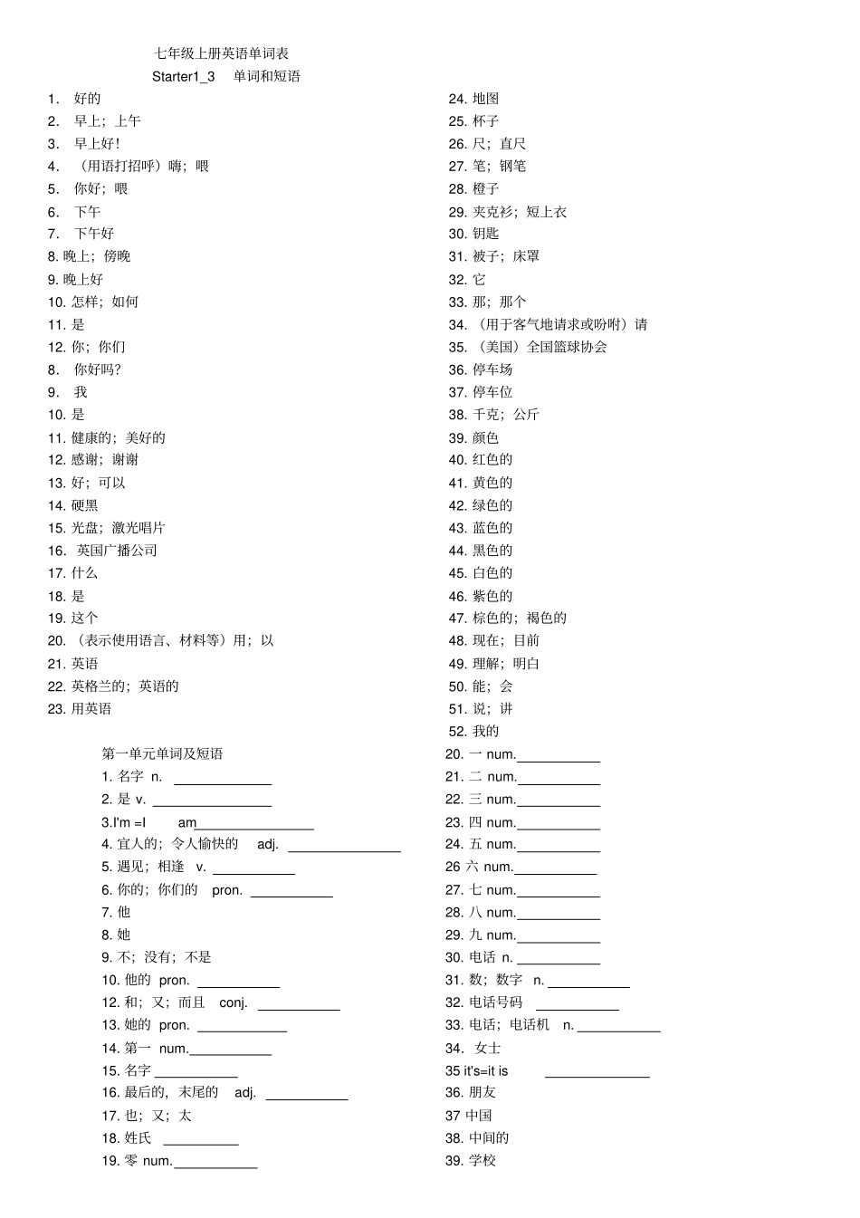 新目标英语七年级上册单词默写表_第1页