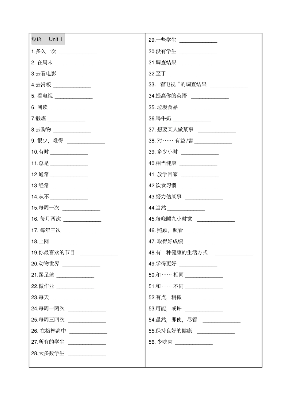 新目标英语八年级上册单词表和短语表默写_第2页