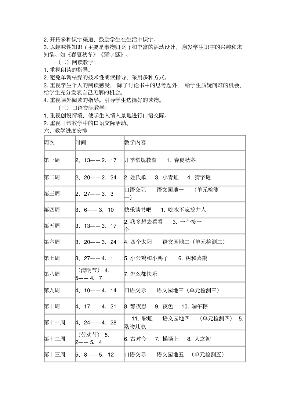 新编人教版一年级语文下学期教学计划进度表_第2页