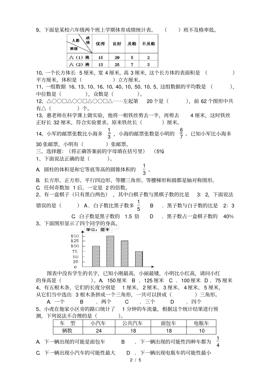 新课标人教版小学数学毕业考试试卷_第2页