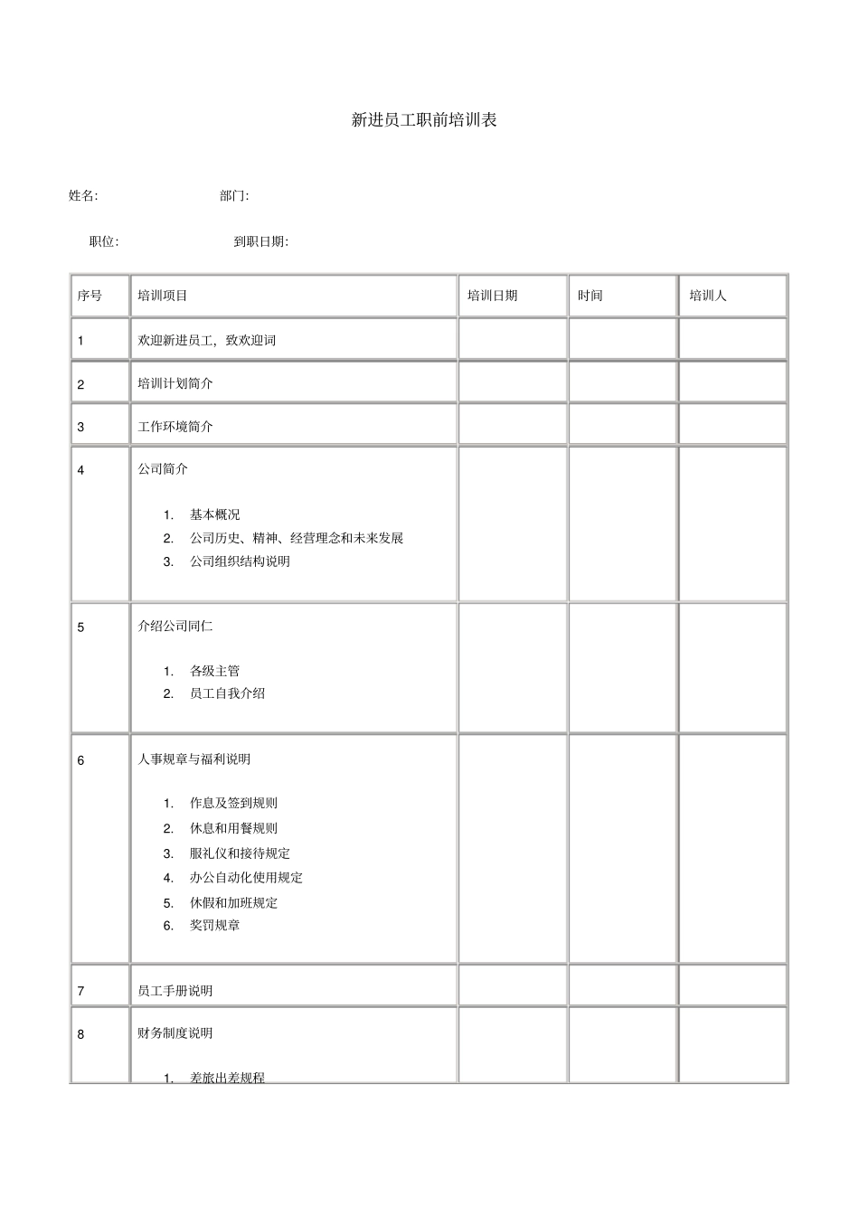 新进员工职前培训表表格模板、格式_第1页