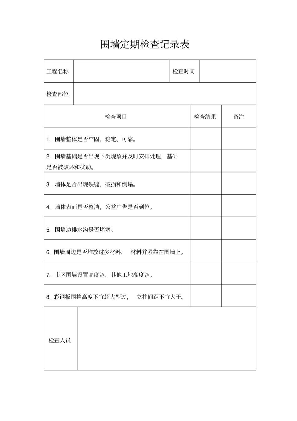 施工围墙围挡验收记录表_第1页