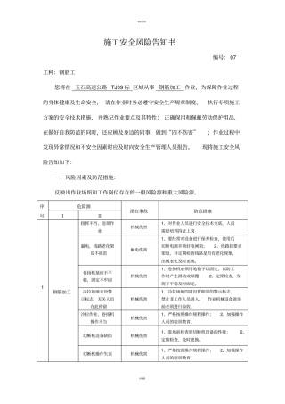 施工安全风险告知书--钢筋工