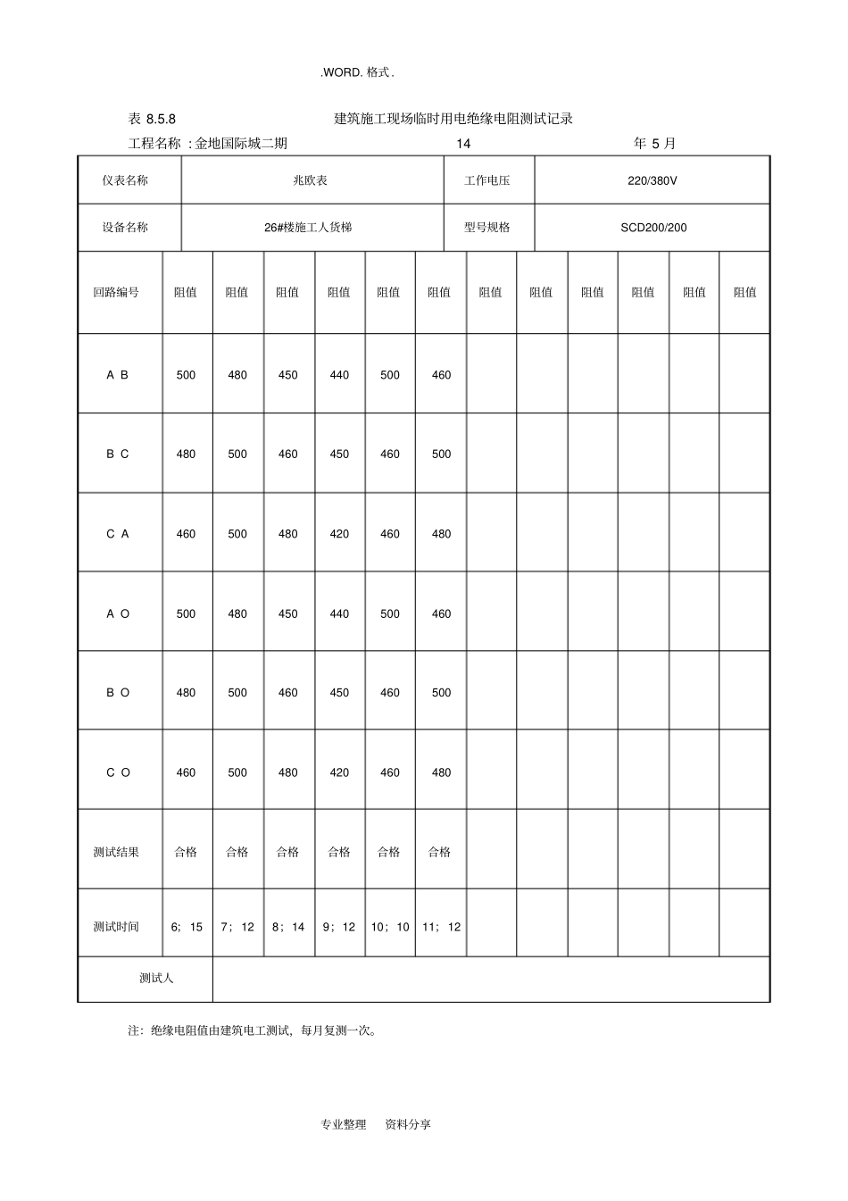 施工现场临时用电绝缘电阻测试记录文本_第1页