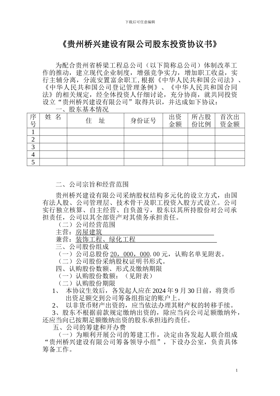 贵州桥兴建设有限公司股东投资协议书_第1页