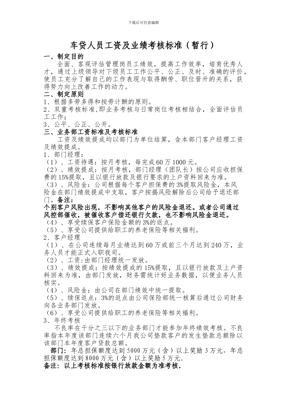 车贷人员工资及业绩考核标准_第1页