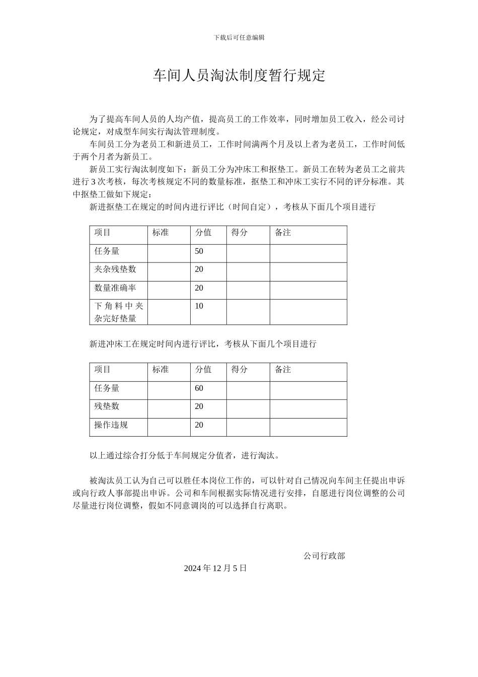 车间人员淘汰制度暂行规定_第1页