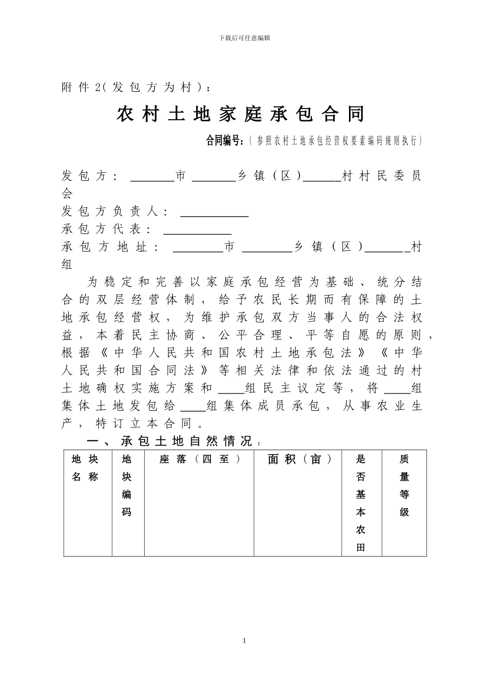 辽宁省农村土地家庭承包合同_第1页