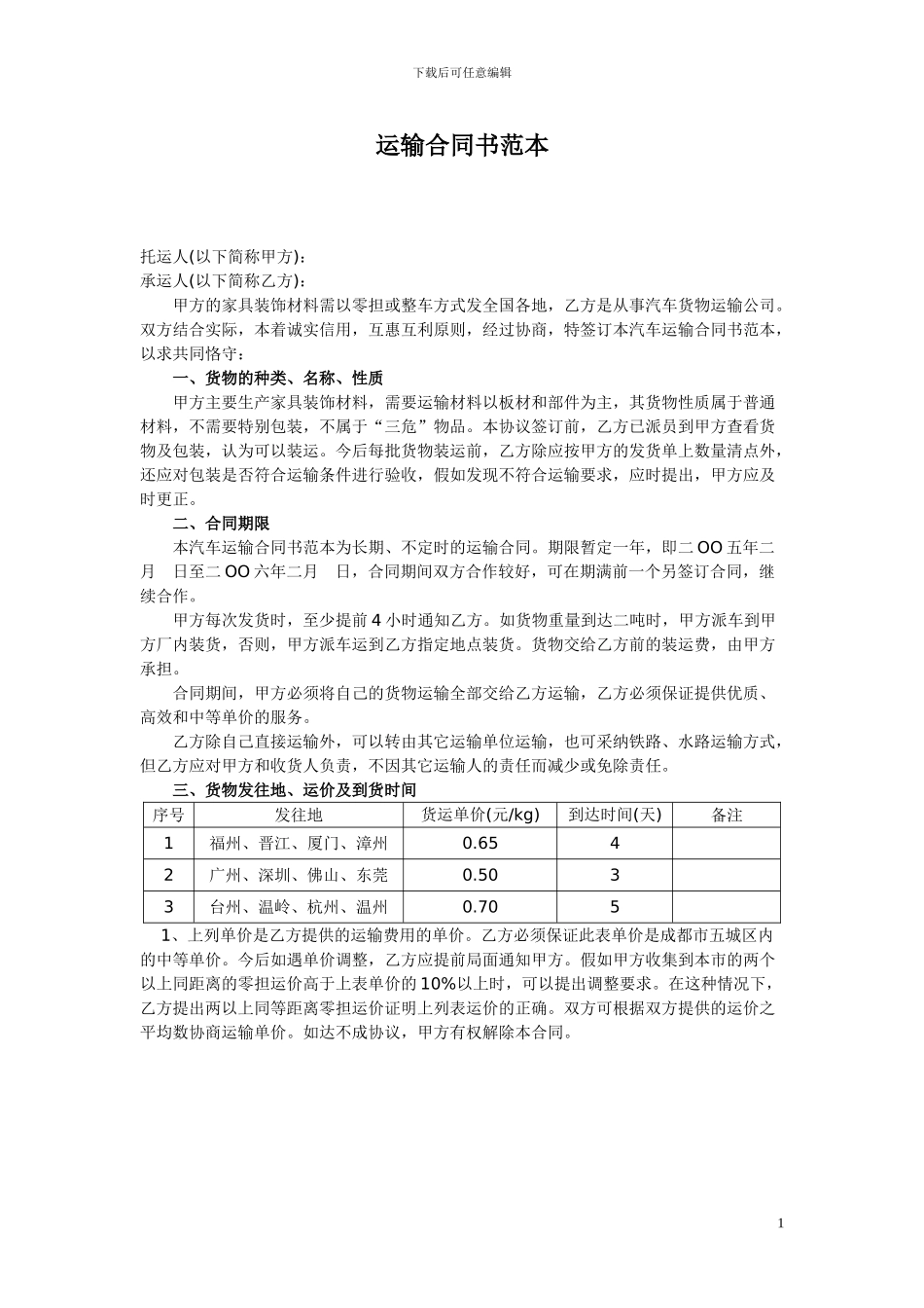 运输合同书范本_第1页