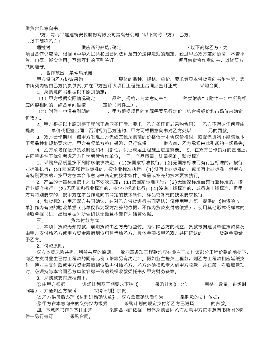 采购合作意向书模板_第1页