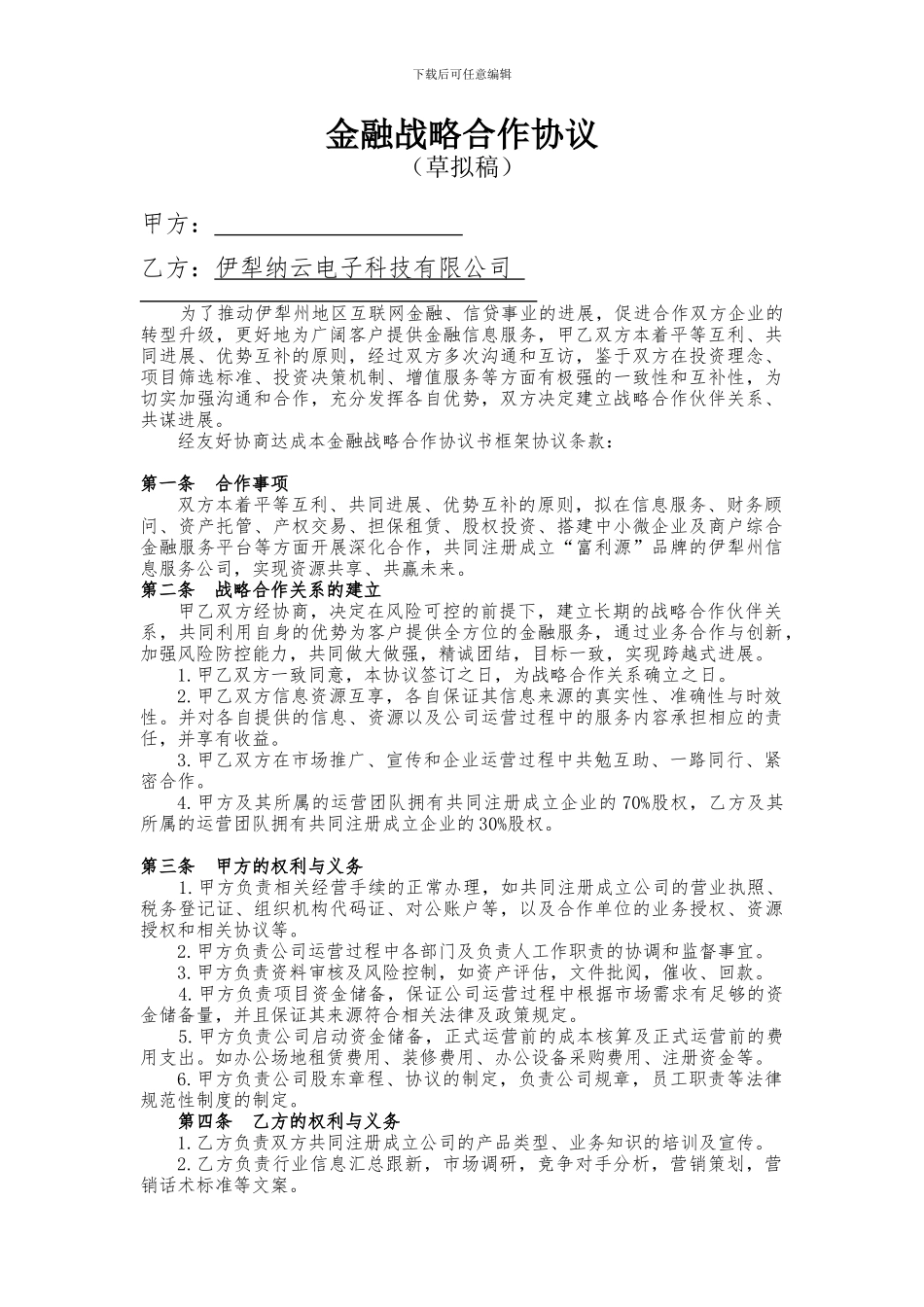 金融投资公司战略合作协议书_第1页