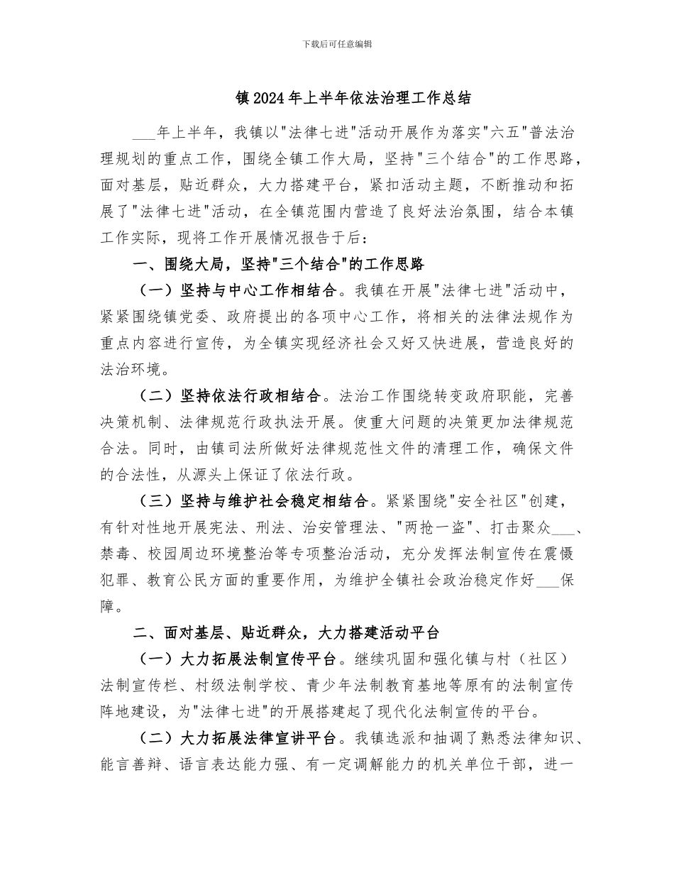 镇2024年上半年依法治理工作总结_第1页