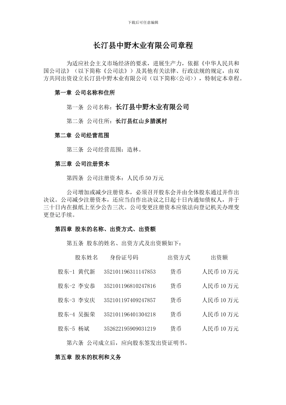 长汀县中野木业有限公司章程_第1页
