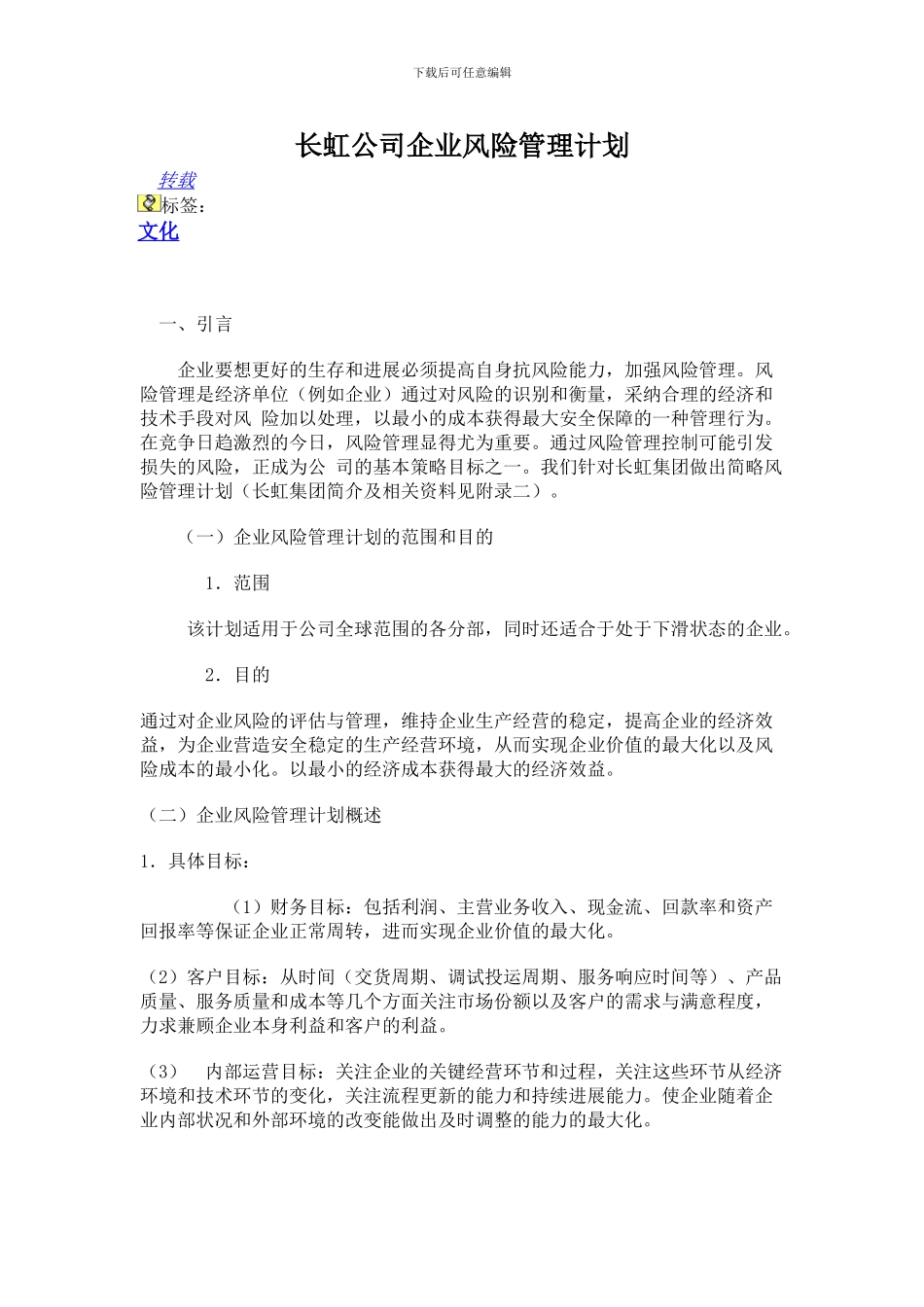 长虹风险管理计划书_第1页