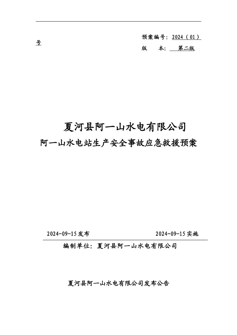 阿一山水电站生产安全事故应急救援预案_第1页