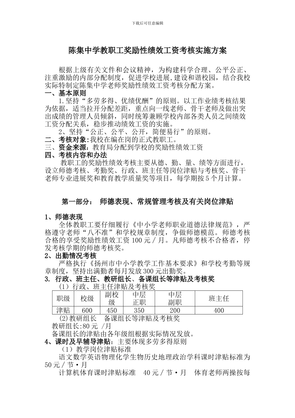 陈集中学教职工奖励性绩效工资考核实施方案-15239_第1页
