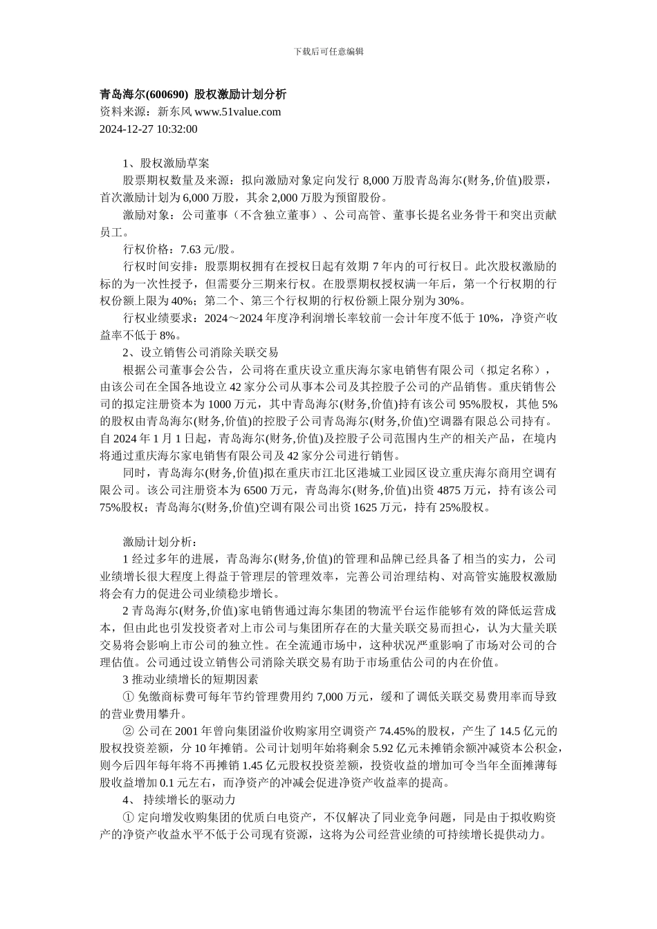 青岛海尔-股权激励计划分析_第1页