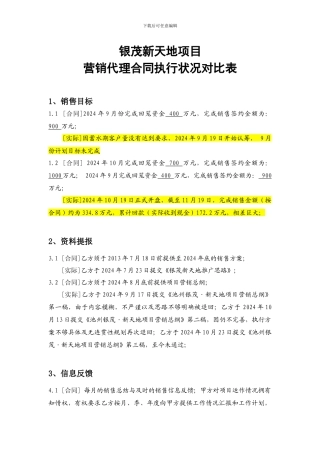 项目营销代理合同执行状况对比表