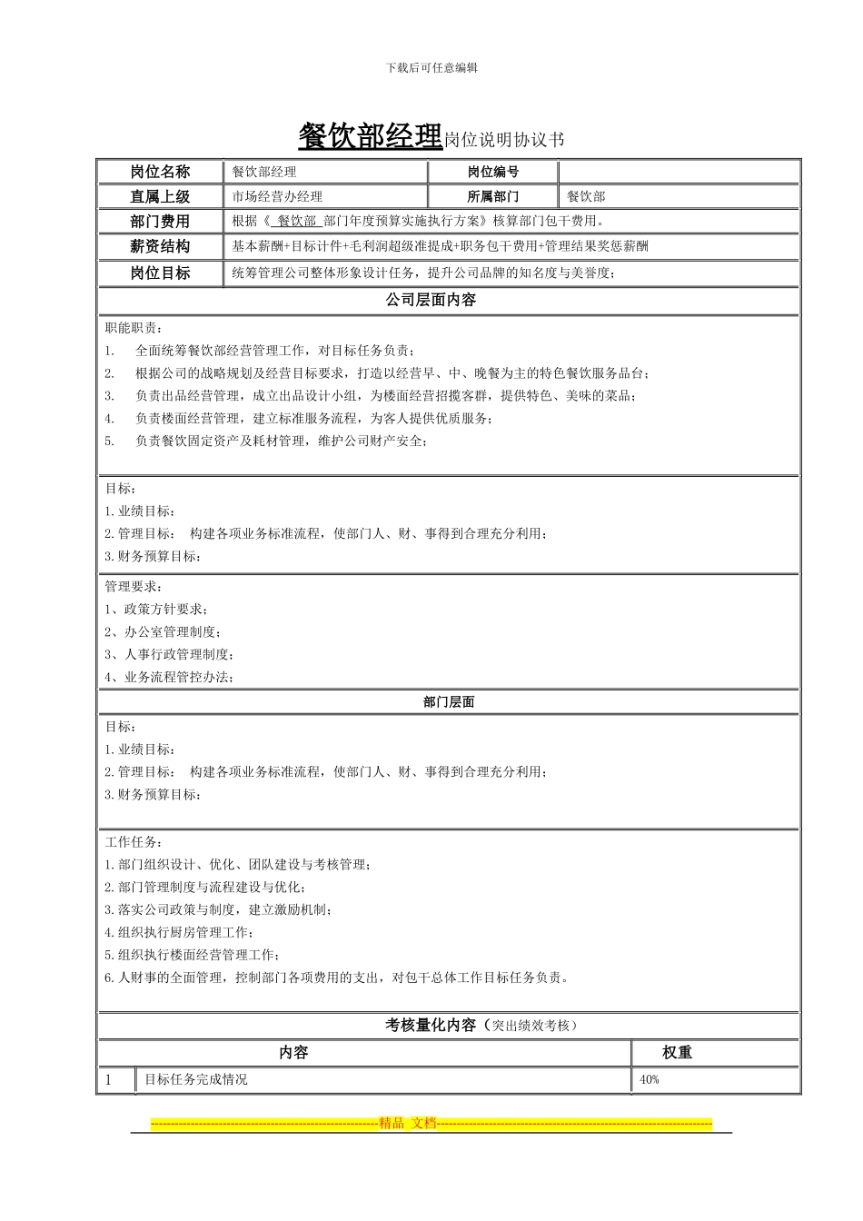 餐饮管理部经理主管岗位说明协议书_第1页