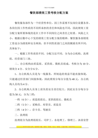 餐饮部绩效工资考核分配方案202412