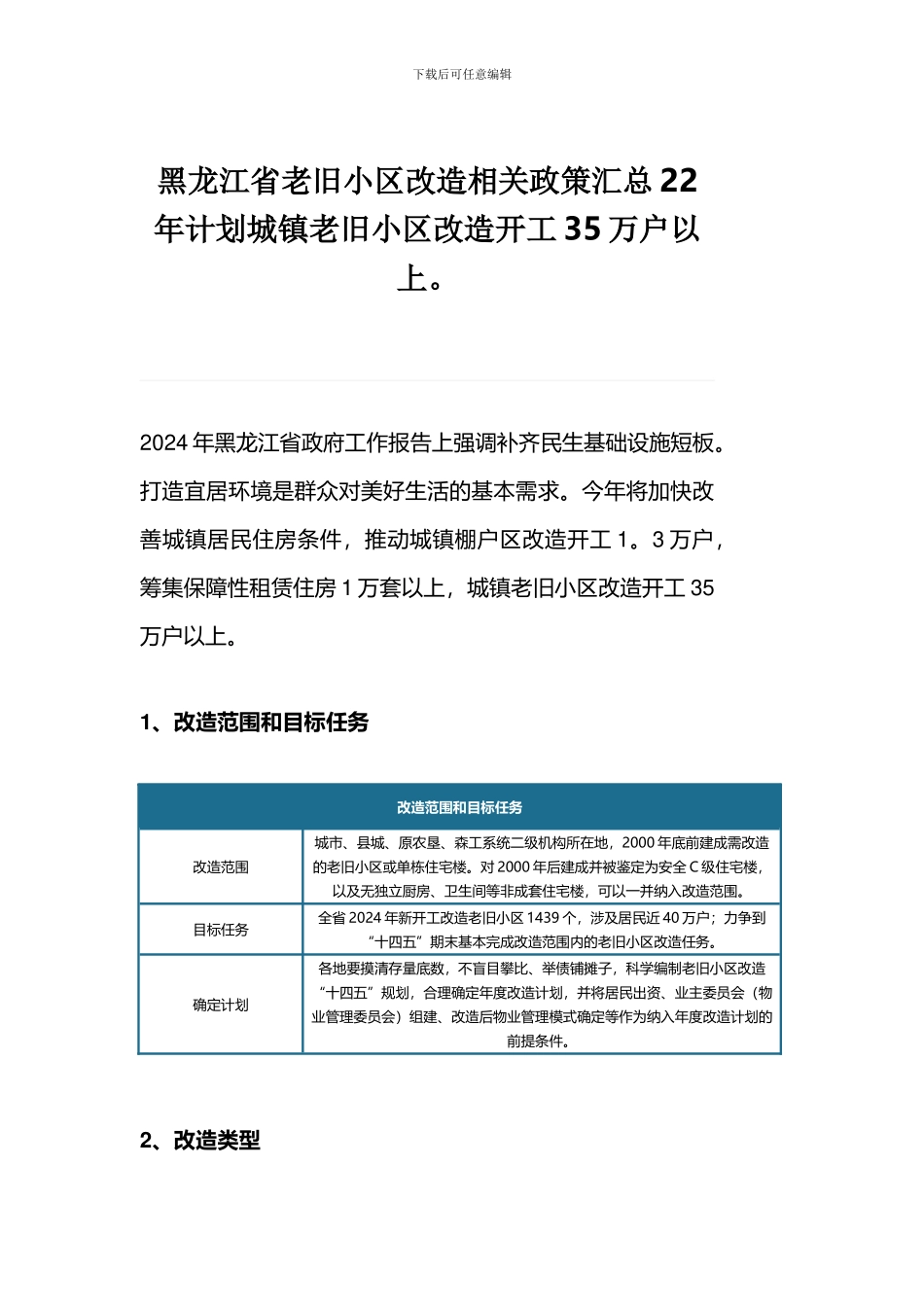 黑龙江省老旧小区改造相关政策汇总22年计划城镇老旧小区改造开工35万户以上。_第1页