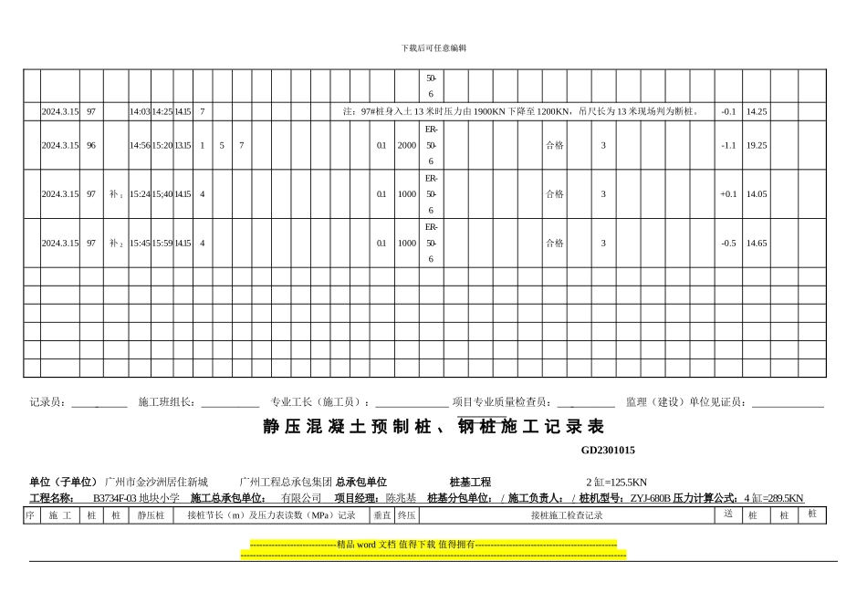 123静压混凝土预制桩、钢桩施工记录表_第2页