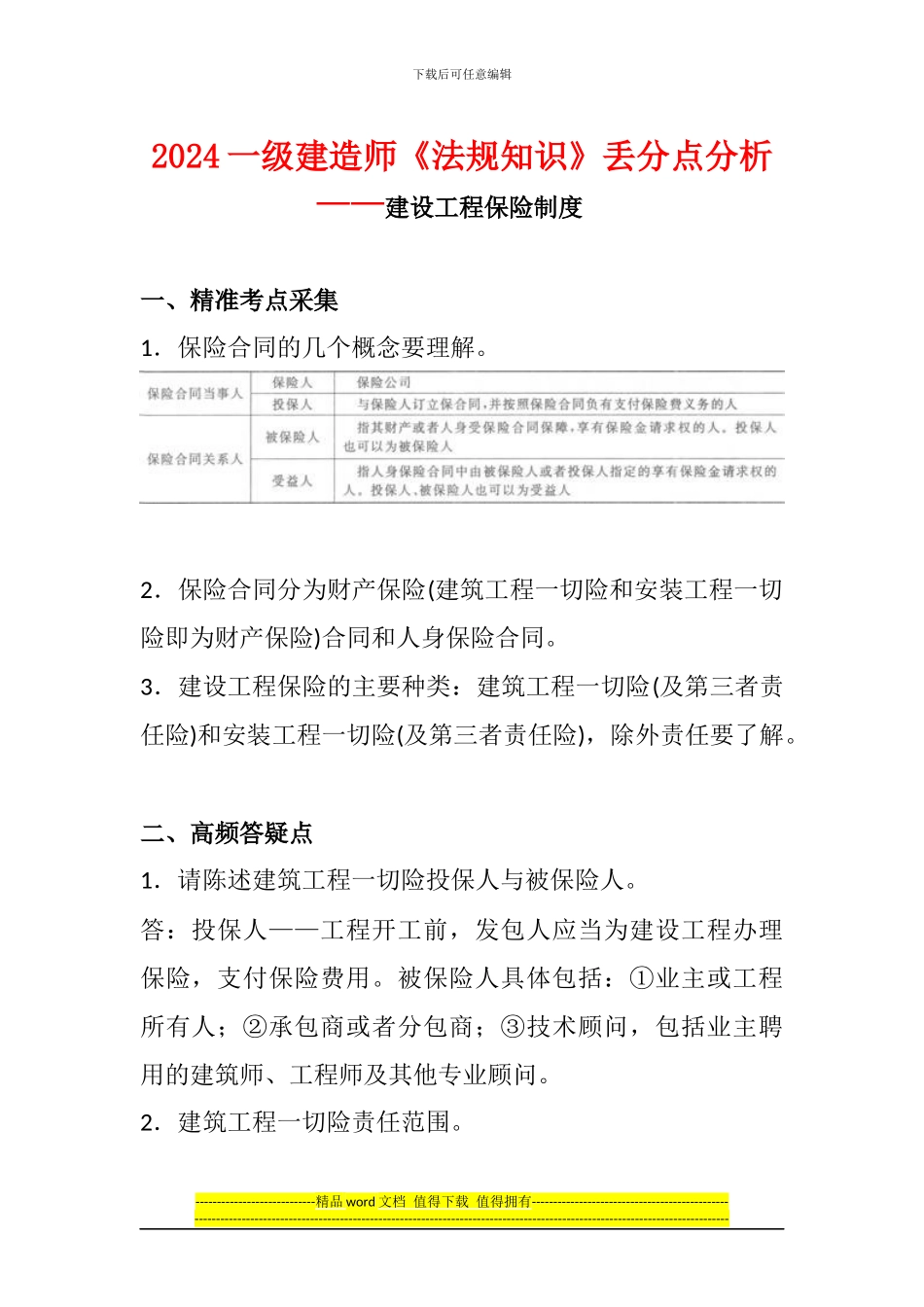 2024一级建造师《法规知识》丢分点分析：建设工程保险制度_第1页