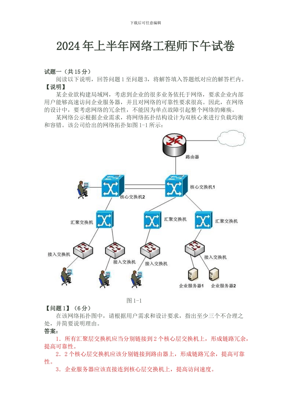 2024上半年-软考网络工程师真题-下午试题及答案解析_第1页