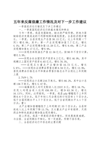 五年来反腐倡廉工作情况及对下一步工作建议