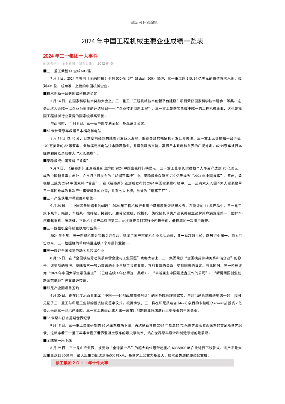 2024年中国工程机械主要企业成绩一览表_第1页