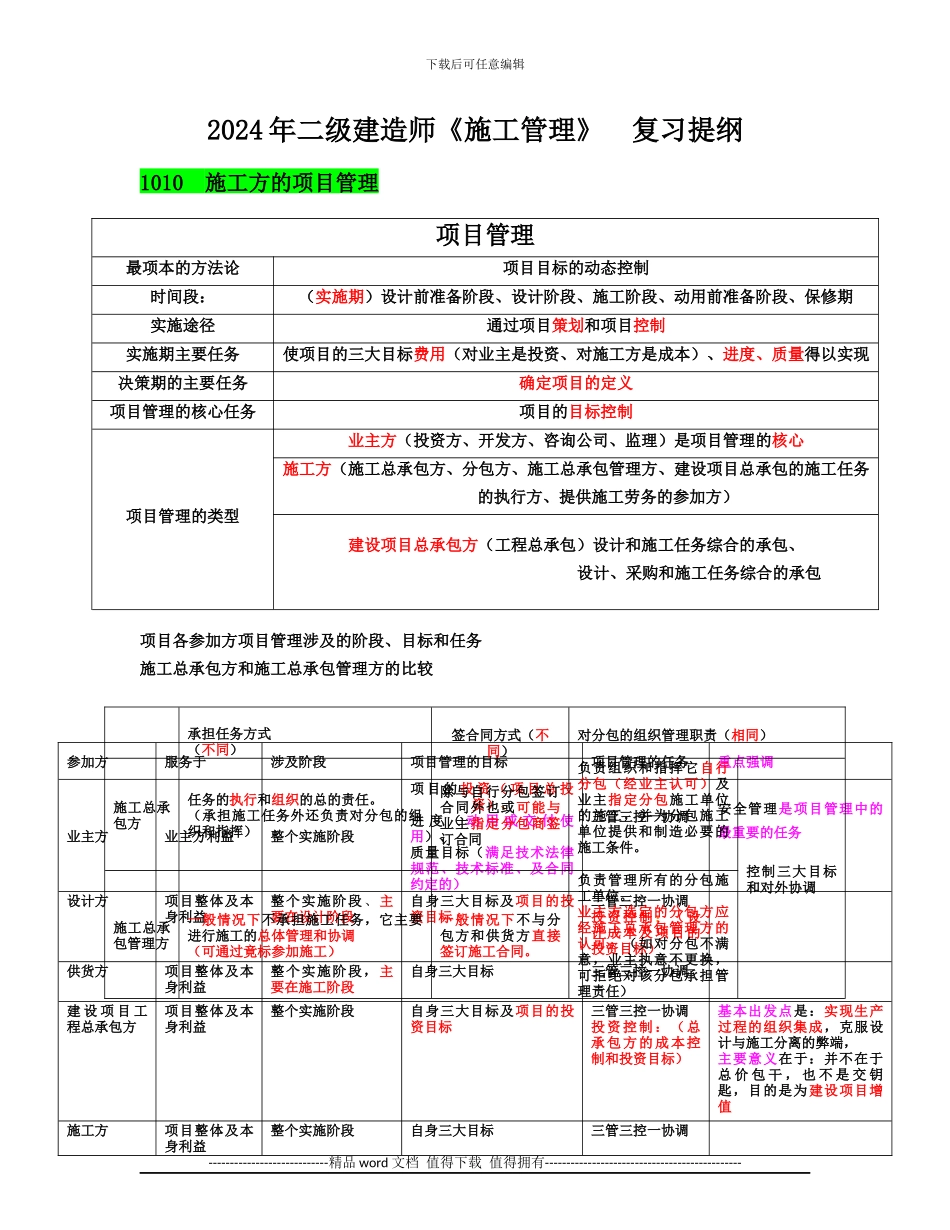 2024年二级建造师《施工管理》复习提纲打印版_第1页