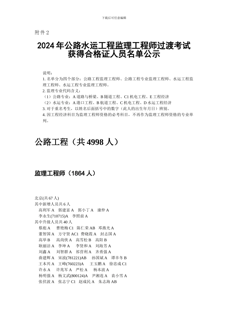2024年公路水运工程监理工程师过渡考试获得合格证人员名单公示_第1页
