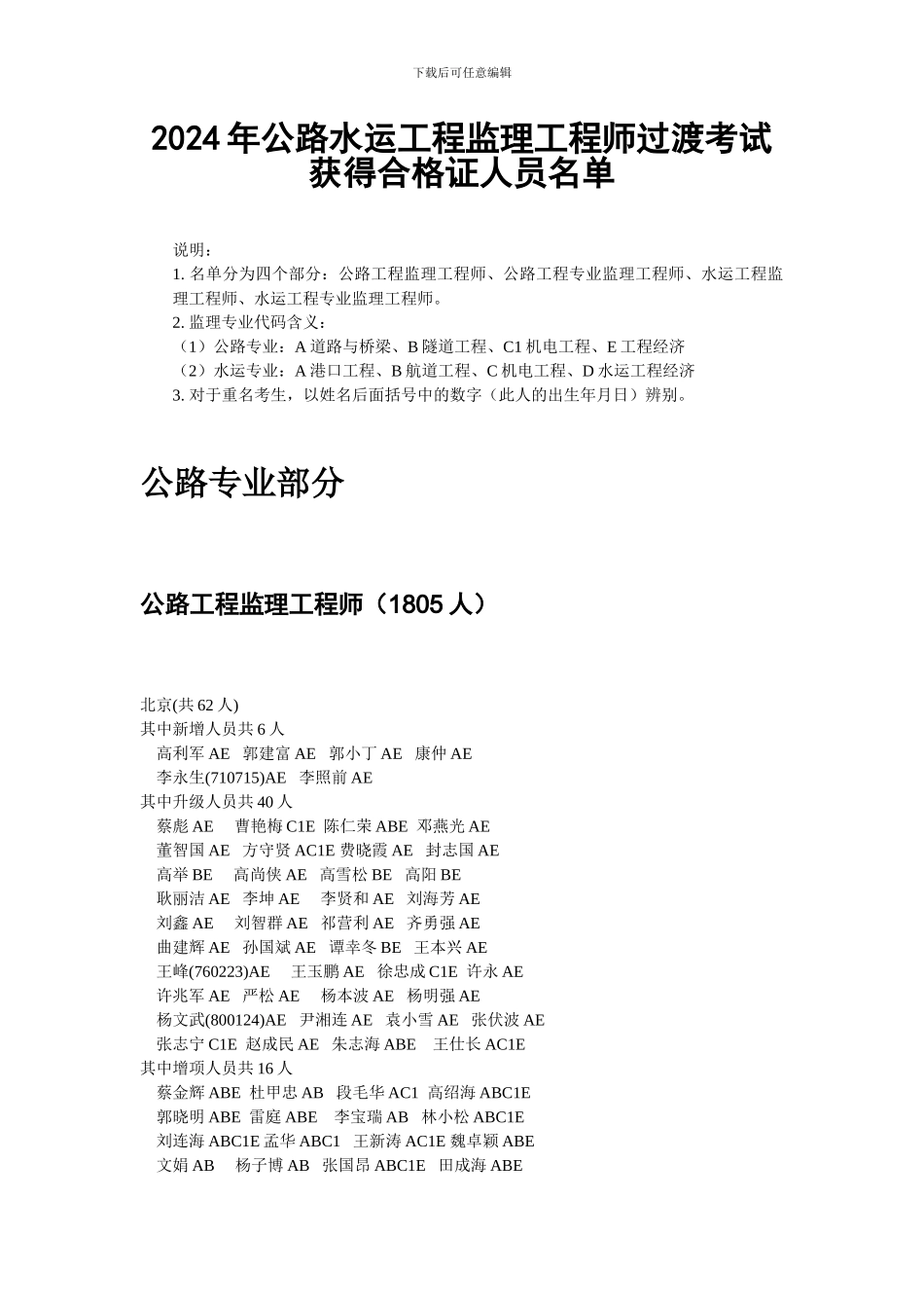 2024年公路水运工程监理工程师过渡考试获得合格证人员名单20240617_第1页