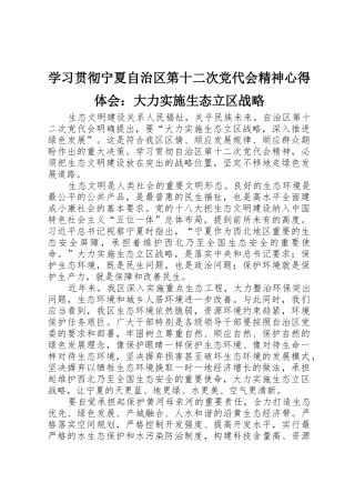 学习贯彻宁夏自治区第十二次党代会精神心得体会：大力实施生态立区战略