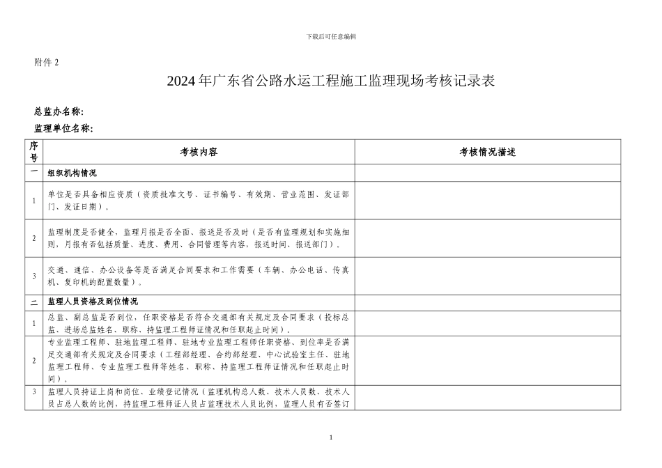 2024年广东省公路水运工程施工监理现场考核记录表_第1页