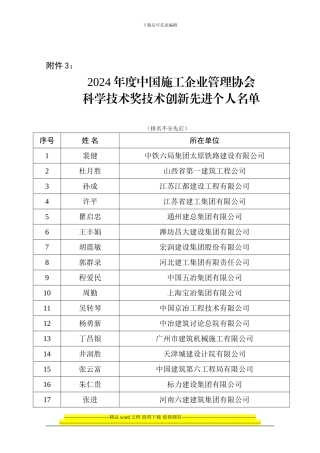 2024年度中国施工企业管理协会-科学技术奖技术创新先进个人名单