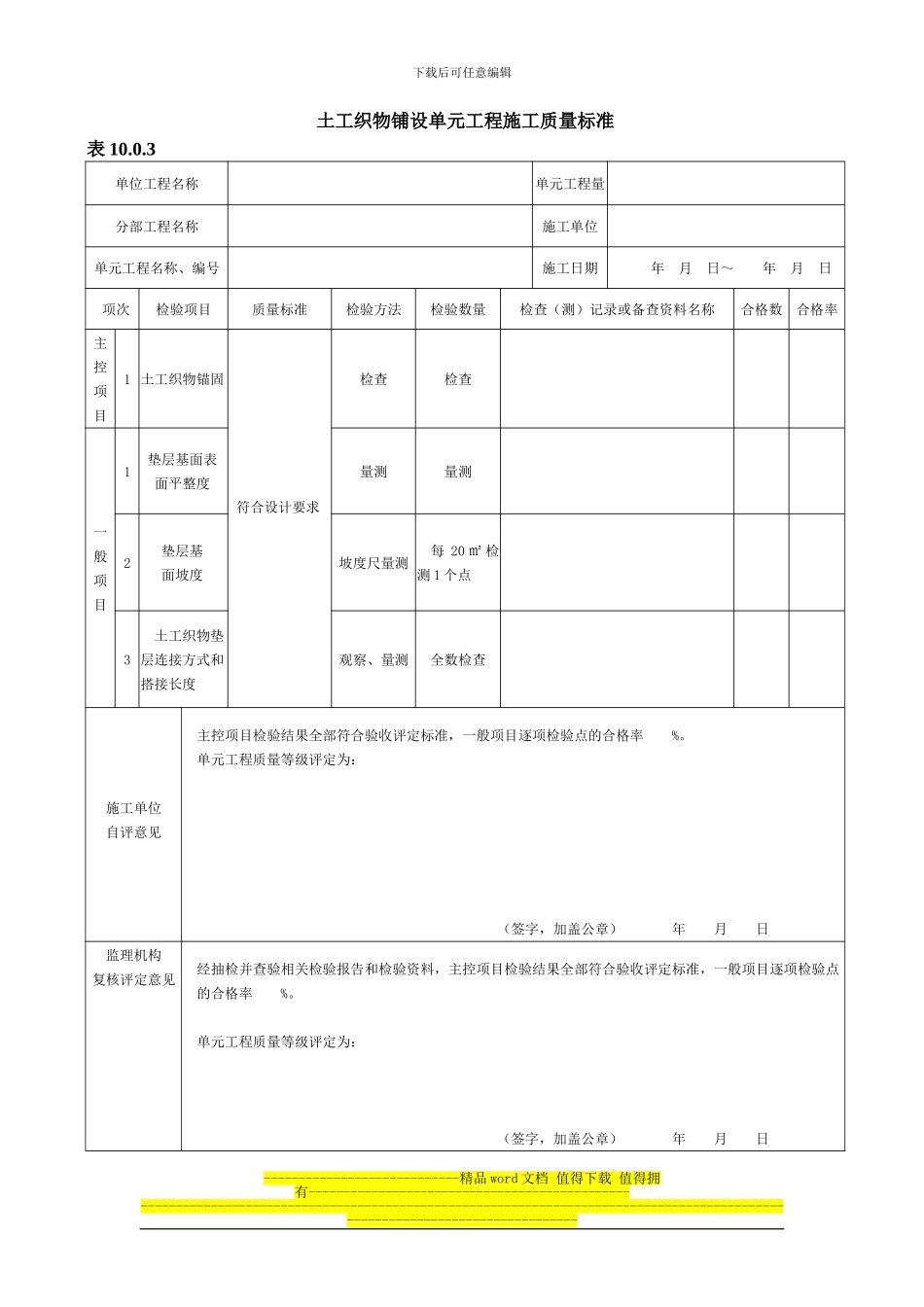 2024年新版土工织物铺设单元工程施工质量验收评定表_第1页