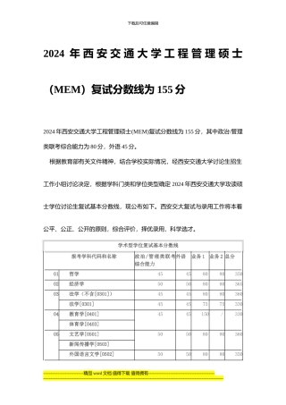 2024年西安交通大学工程管理硕士复试分数线是155分