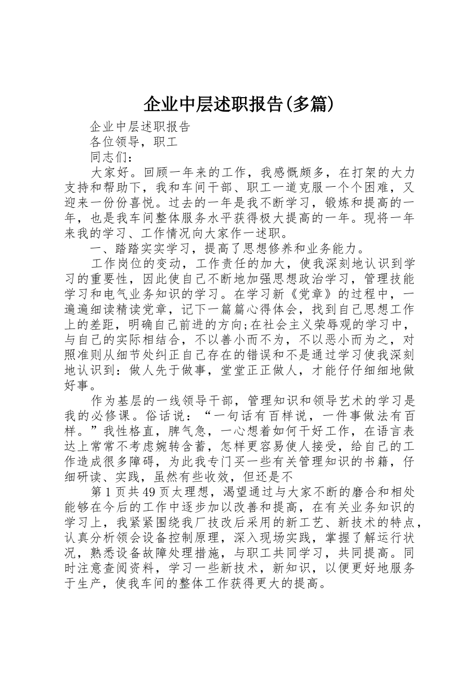 企业中层述职报告(多篇)_第1页