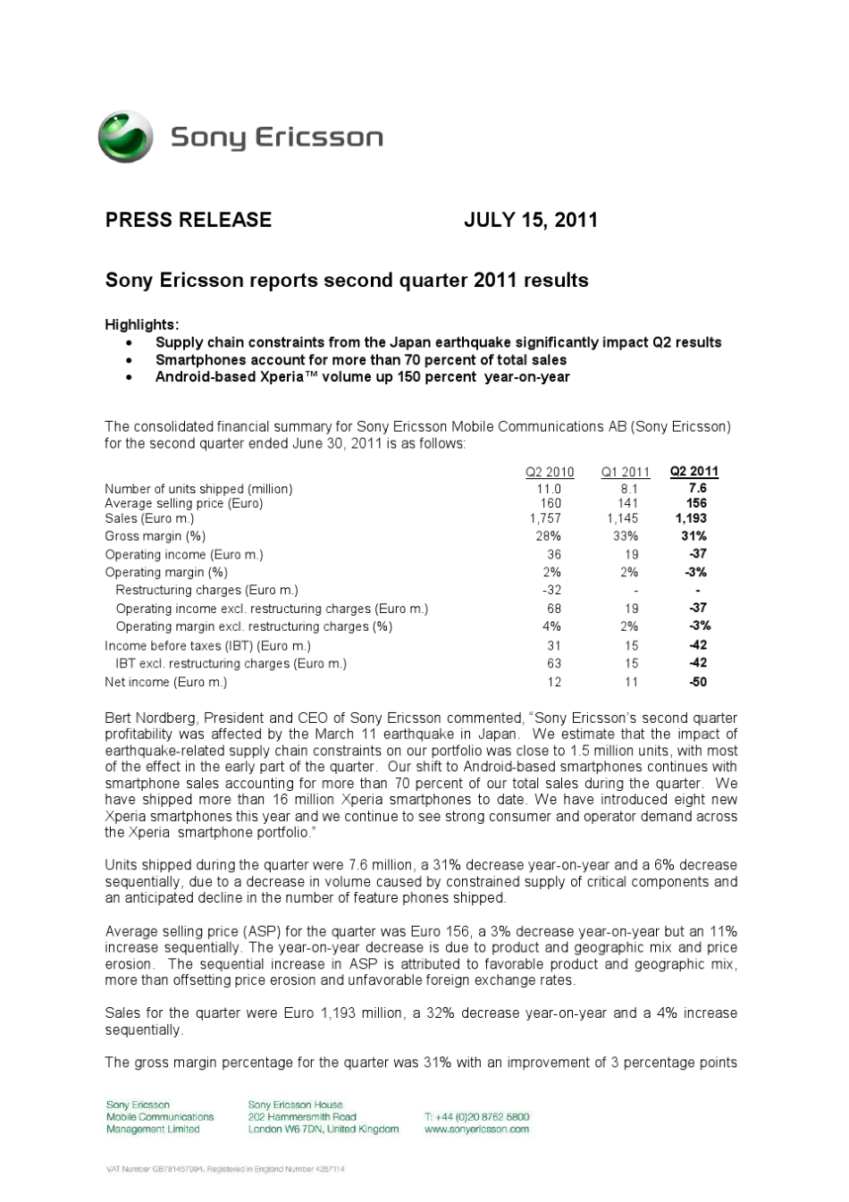 索尼爱立信2011第二季度财务报告_第1页